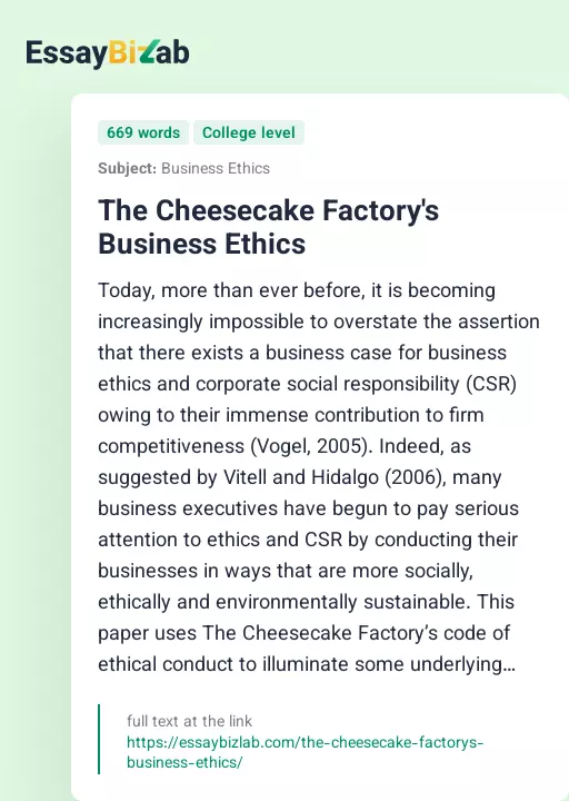 The Cheesecake Factory's Business Ethics - Essay Preview