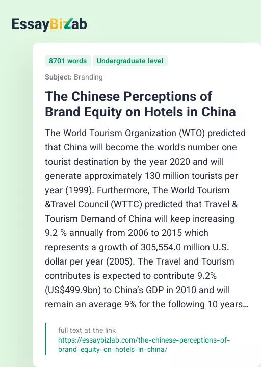 The Chinese Perceptions of Brand Equity on Hotels in China - Essay Preview