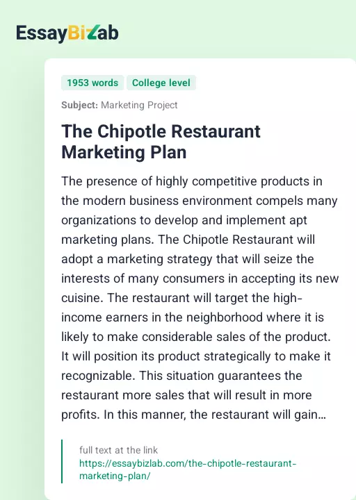 The Chipotle Restaurant Marketing Plan - Essay Preview