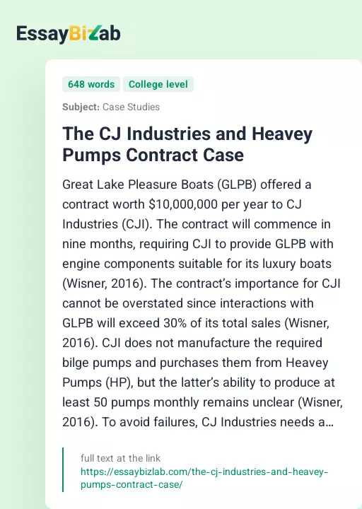 The CJ Industries and Heavey Pumps Contract Case - Essay Preview