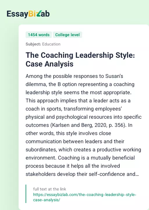 The Coaching Leadership Style: Case Analysis - Essay Preview