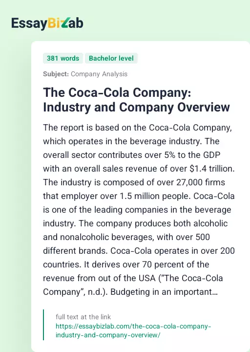 The Coca-Cola Company: Industry and Company Overview - Essay Preview