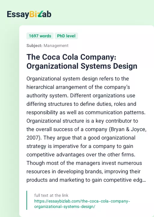 The Coca Cola Company: Organizational Systems Design - Essay Preview
