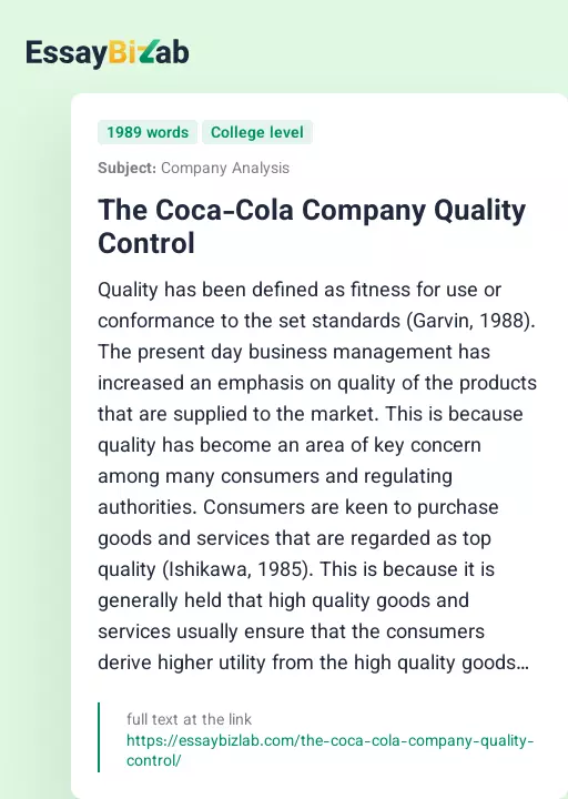 The Coca-Cola Company Quality Control - Essay Preview