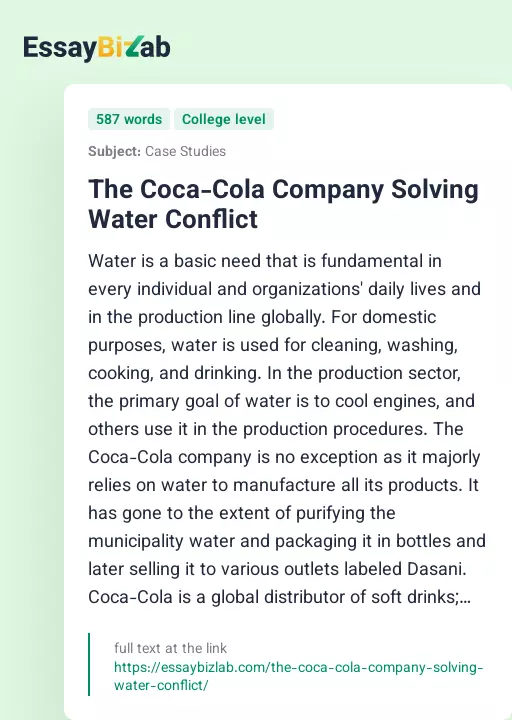The Coca-Cola Company Solving Water Conflict - Essay Preview