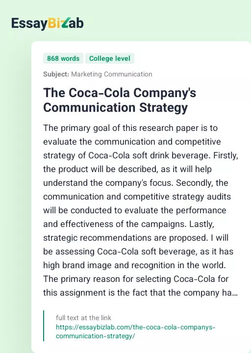 The Coca-Cola Company's Communication Strategy - Essay Preview
