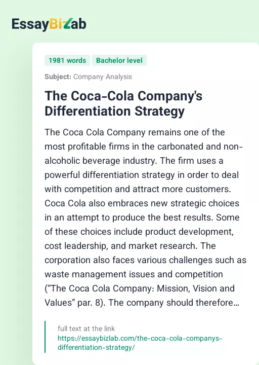The Coca-Cola Company's Differentiation Strategy - Essay Preview