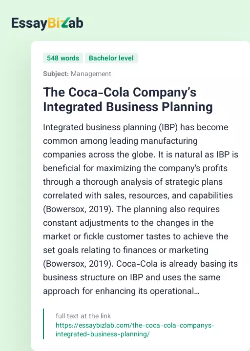 The Coca-Cola Company’s Integrated Business Planning - Essay Preview