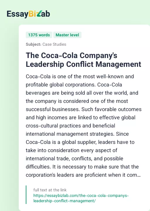 The Coca-Cola Company's Leadership Conflict Management - Essay Preview
