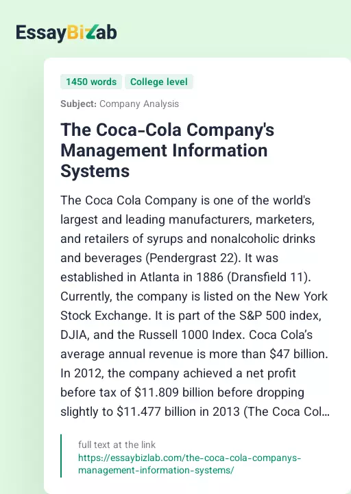 The Coca-Cola Company's Management Information Systems - Essay Preview