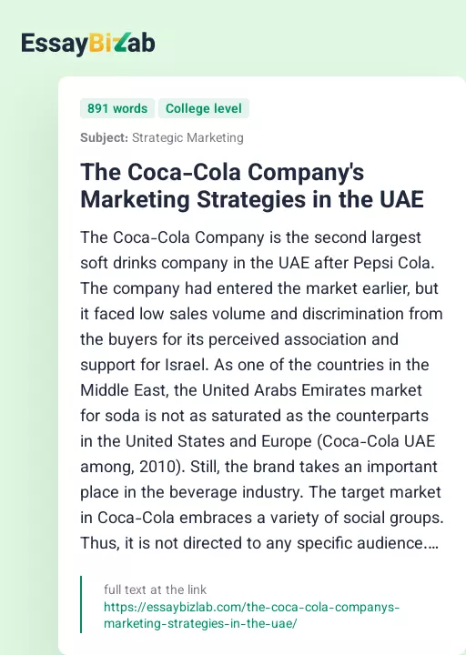 The Coca-Cola Company's Marketing Strategies in the UAE - Essay Preview