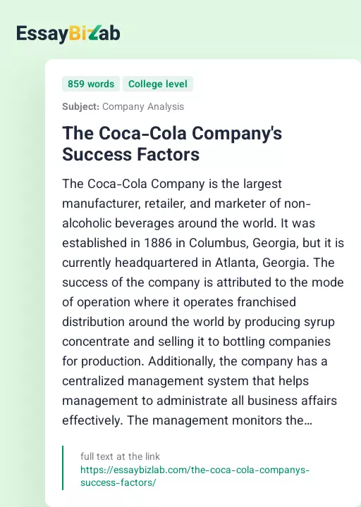 The Coca-Cola Company's Success Factors - Essay Preview