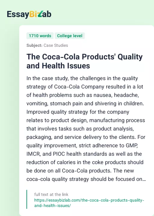 The Coca-Cola Products' Quality and Health Issues - Essay Preview
