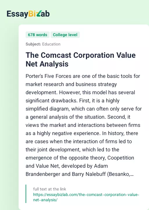 The Comcast Corporation Value Net Analysis - Essay Preview