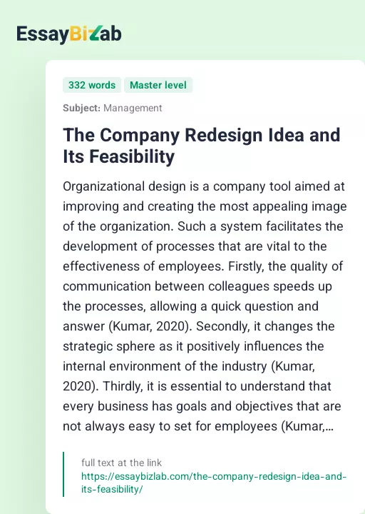 The Company Redesign Idea and Its Feasibility - Essay Preview