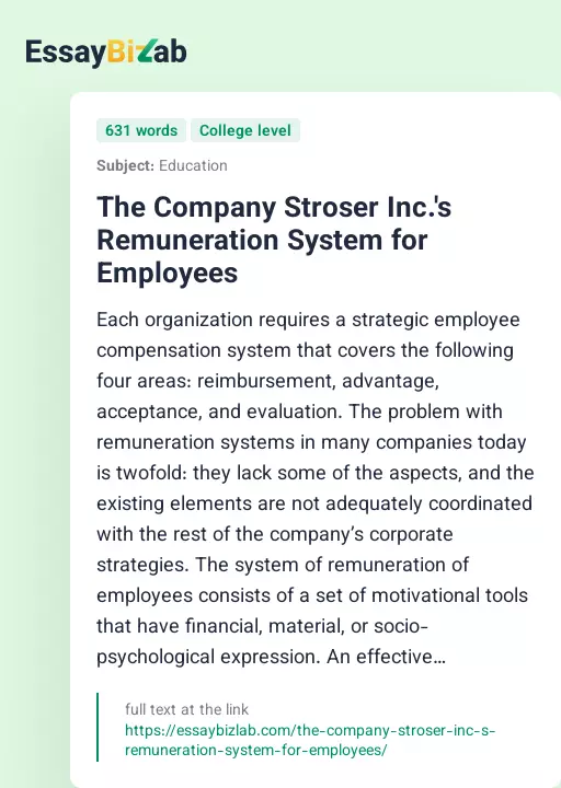The Company Stroser Inc.'s Remuneration System for Employees - Essay Preview