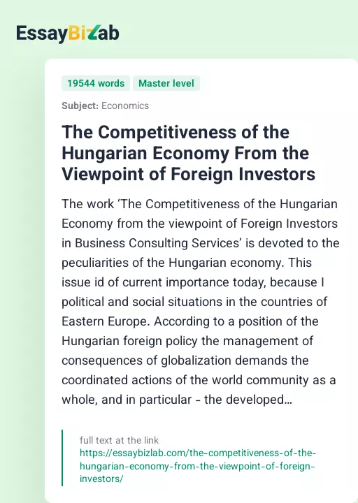 The Competitiveness of the Hungarian Economy From the Viewpoint of Foreign Investors - Essay Preview