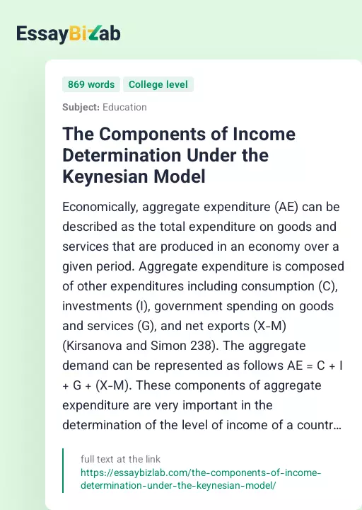 The Components of Income Determination Under the Keynesian Model - Essay Preview