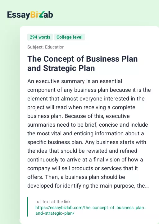 The Concept of Business Plan and Strategic Plan - Essay Preview