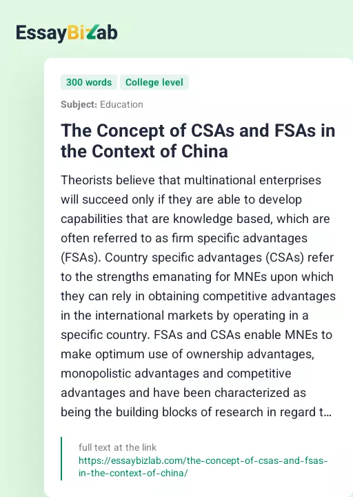 The Concept of CSAs and FSAs in the Context of China - Essay Preview