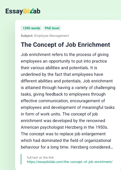 The Concept of Job Enrichment - Essay Preview