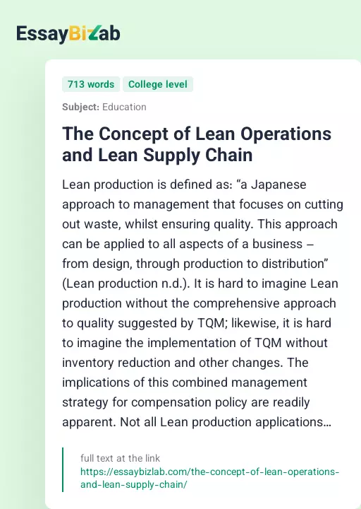 The Concept of Lean Operations and Lean Supply Chain - Essay Preview