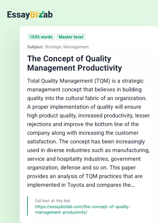 The Concept of Quality Management Productivity - Essay Preview