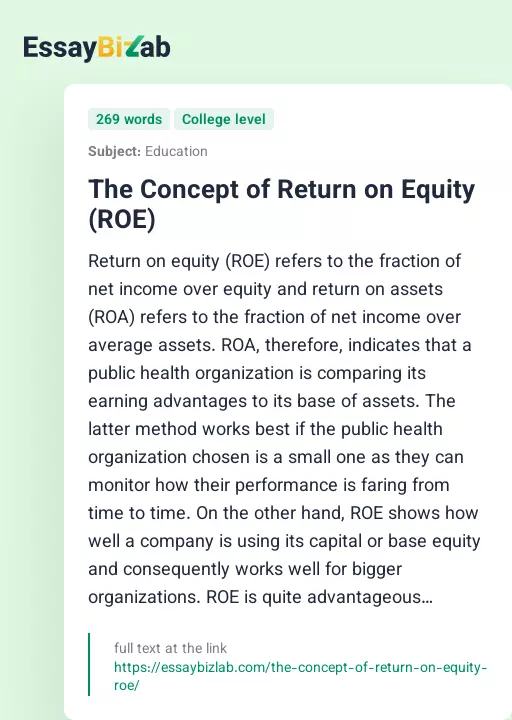 The Concept of Return on Equity (ROE) - Essay Preview