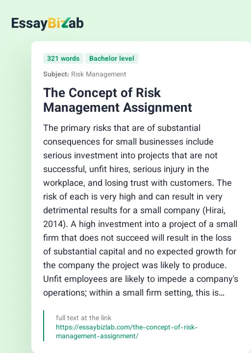 The Concept of Risk Management Assignment - Essay Preview