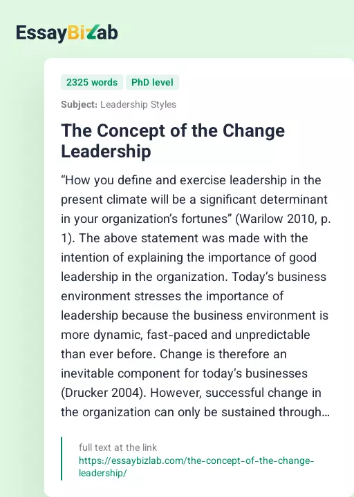 The Concept of the Change Leadership - Essay Preview