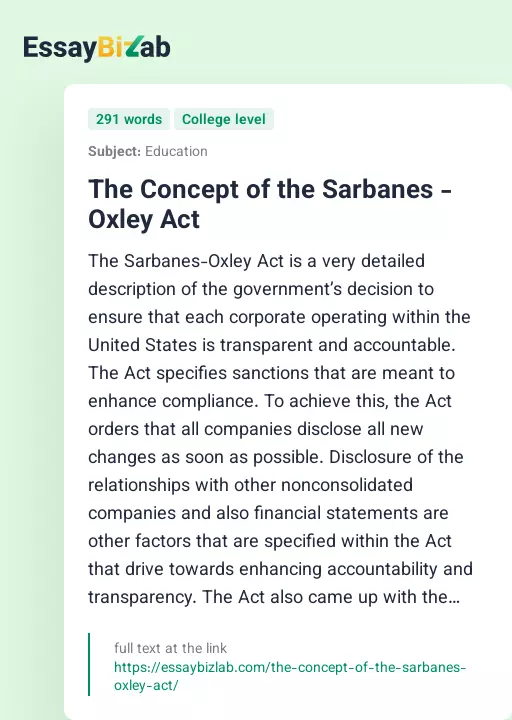 The Concept of the Sarbanes - Oxley Act - Essay Preview