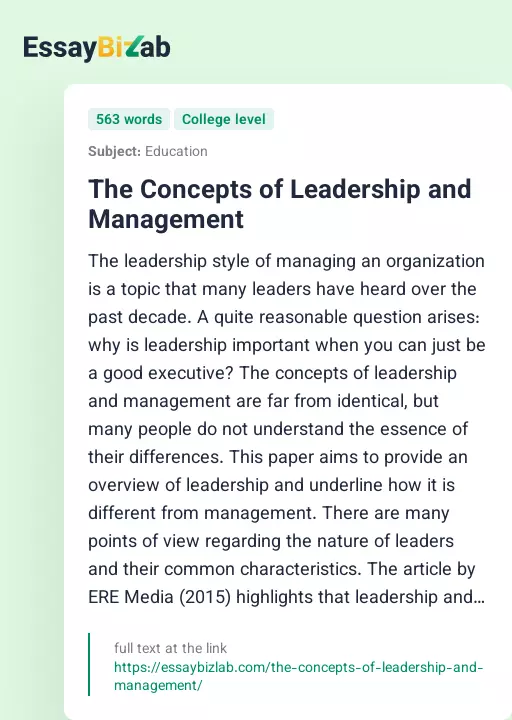 The Concepts of Leadership and Management - Essay Preview