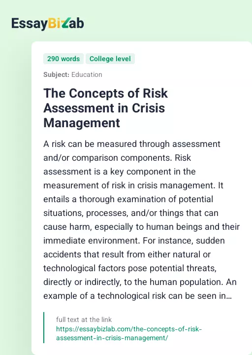The Concepts of Risk Assessment in Crisis Management - Essay Preview