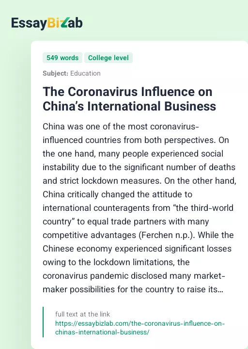 The Coronavirus Influence on China’s International Business - Essay Preview