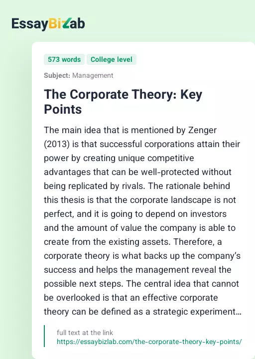 The Corporate Theory: Key Points - Essay Preview