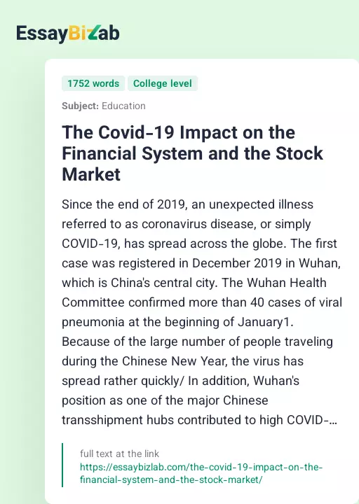 The Covid-19 Impact on the Financial System and the Stock Market - Essay Preview