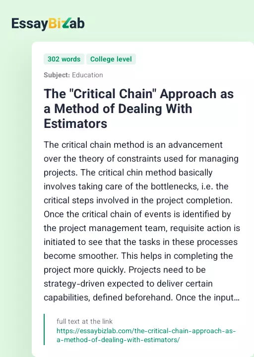 The "Critical Chain" Approach as a Method of Dealing With Estimators - Essay Preview