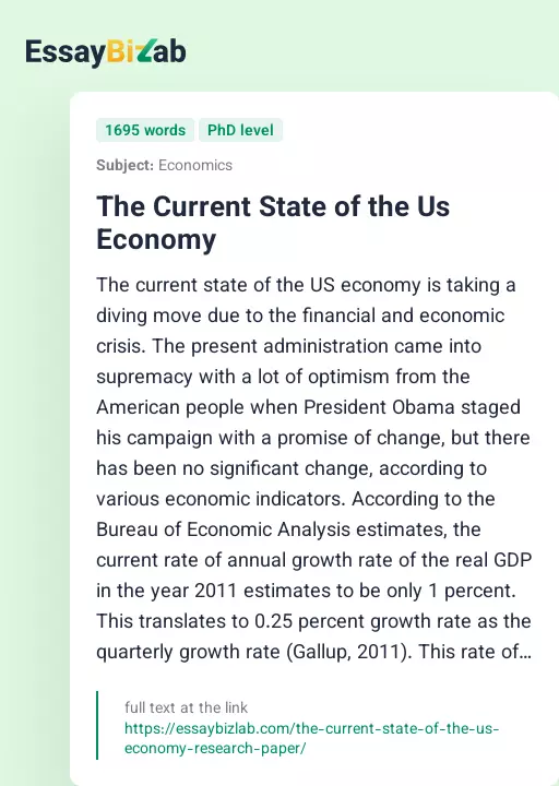 An overview of the Current State of the US Economy - Essay Preview