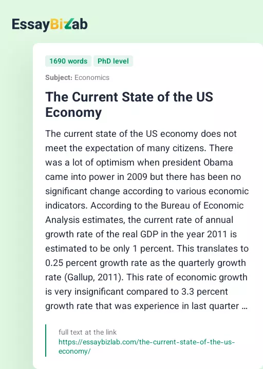 The Current State of the US Economy - Essay Preview