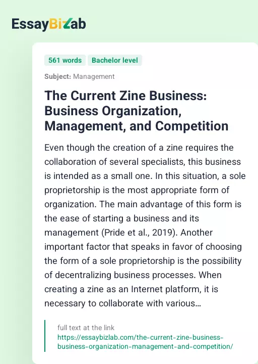 The Current Zine Business: Business Organization, Management, and Competition - Essay Preview