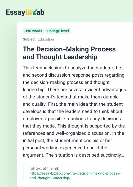 The Decision-Making Process and Thought Leadership - Essay Preview