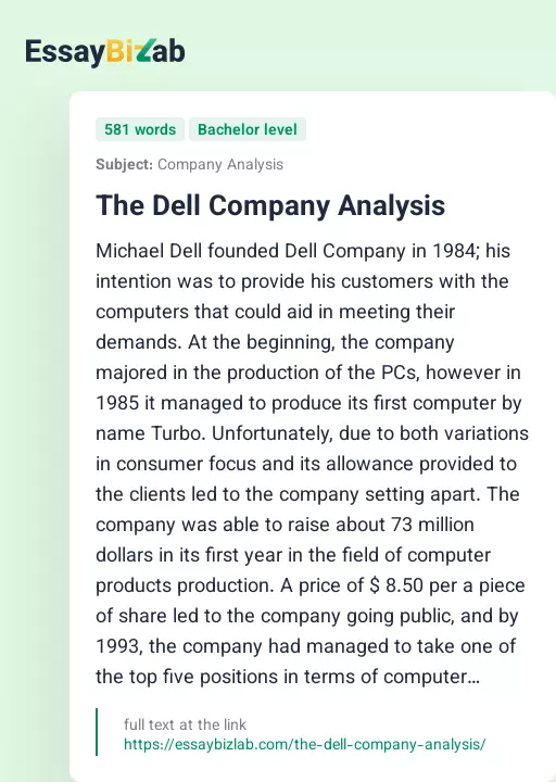 The Dell Company Analysis - Essay Preview