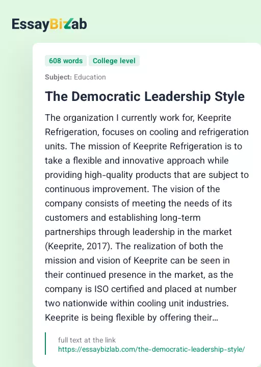 The Democratic Leadership Style - Essay Preview