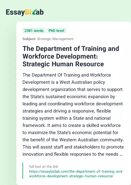 The Department of Training and Workforce Development: Strategic Human Resource - Essay Preview