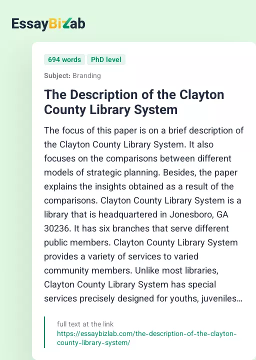 The Description of the Clayton County Library System - Essay Preview