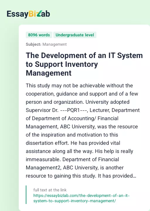 The Development of an IT System to Support Inventory Management - Essay Preview