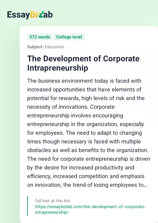 The Development of Corporate Intrapreneurship - Essay Preview
