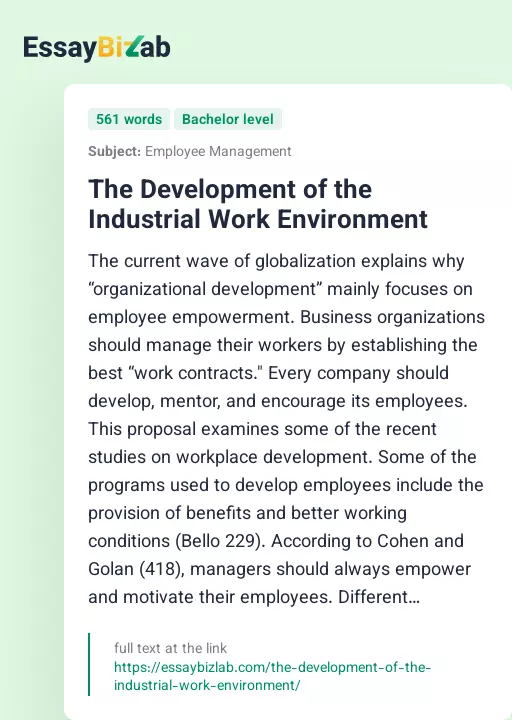 The Development of the Industrial Work Environment - Essay Preview