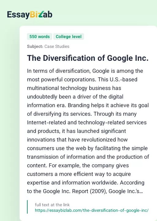 The Diversification of Google Inc. - Essay Preview