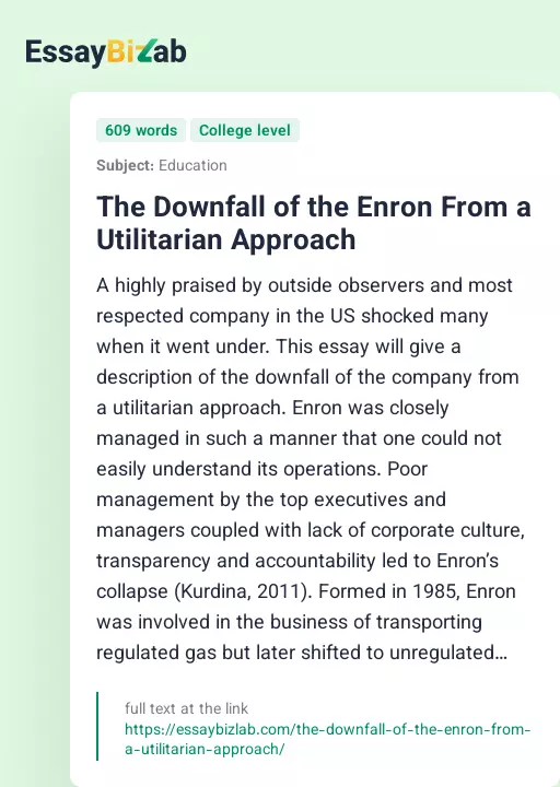 The Downfall of the Enron From a Utilitarian Approach - Essay Preview